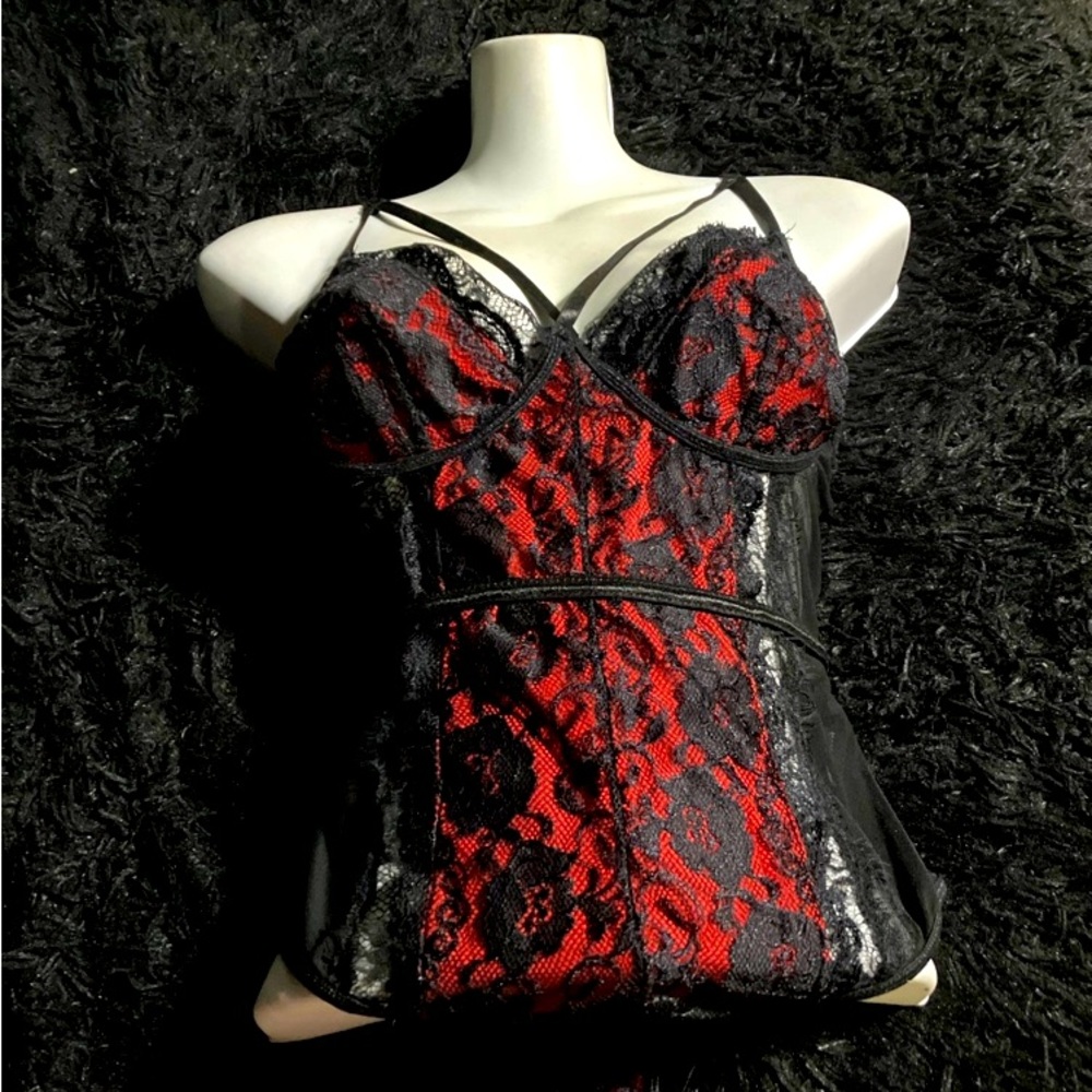 Red and black lace body suit with mesh back